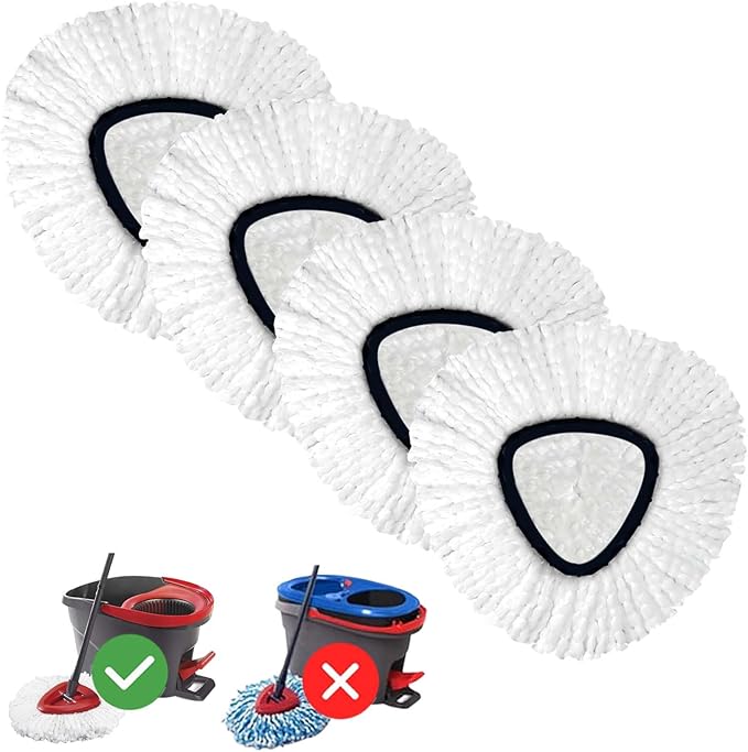 4-Pack Spin Mop Heads Replacements Compatible with O-Ceda EasyWrin 1-Tank System, Microfiber Refills, Deep Cleaning Mop Replace Head, Machine Washable Easy-to-Replace, White