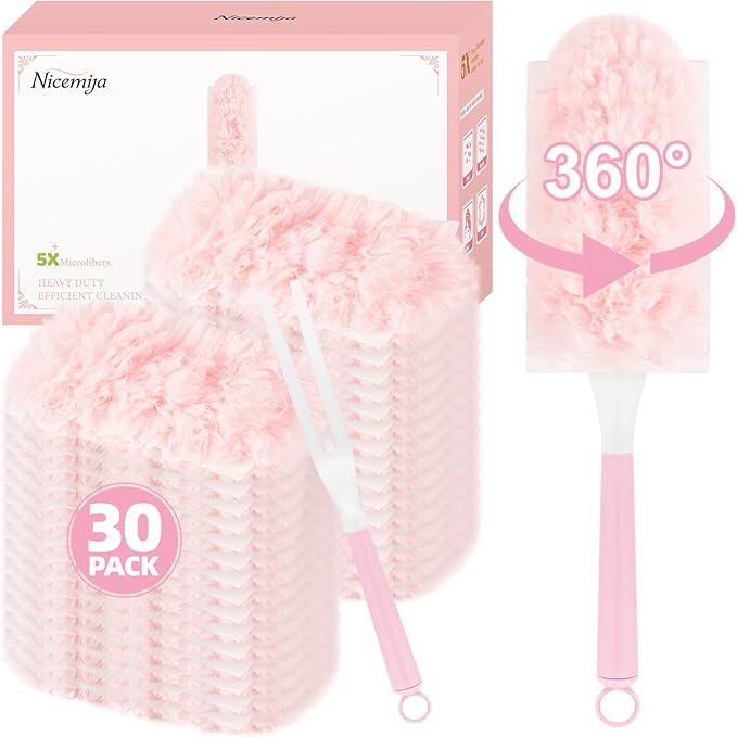 30 Count Pink Duster Refills Compatible with Swiffer Handle, 360° Multi-Surface Duster Refills with 1 Handle, 5X Microfibers Disposable Dusters for Valentines Home, Office Cleaning