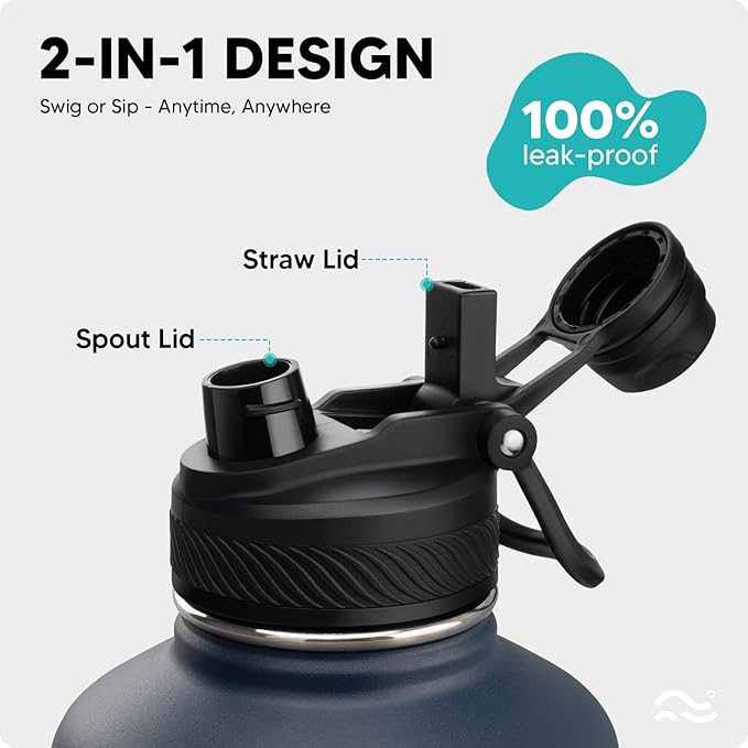 [2-IN-1 LID] 64 oz Insulated Water Bottle with Silicone Boot (48hrs Cold/24hrs Hot) - DIY Stickers, Leakproof, BPA Free, Half Gallon
