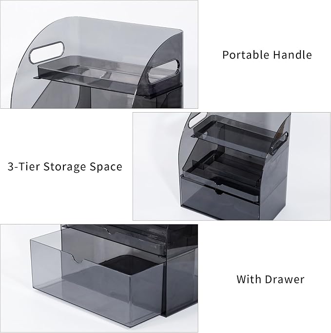 FABROK 3-Layer Desk Organizer with Drawer, Clear Office Supplies and Desk Accessories Organizer with Handle, Desktop Organizer and Storage for Stationery（Gray）