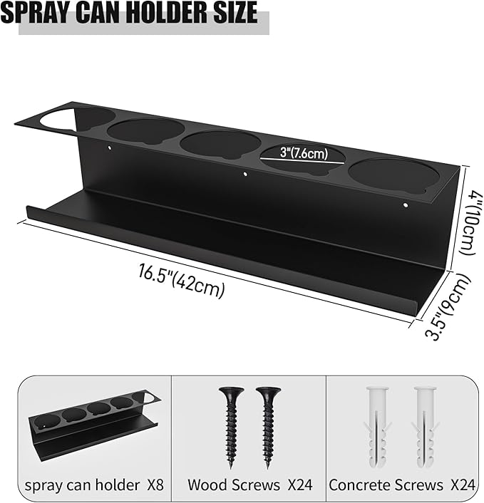 8 Pack Spray Bottle Holder Wall-Mounted, Aerosol Spray Can Holder Storage Rack, Heavy-Duty Paint Bottle Organizer with 40 Holes, Steel Black Spray Rack for Garage, Shop, Home or Tool Trailer