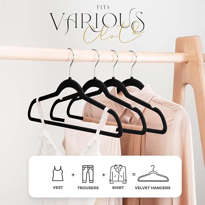 HOUSE DAY Black Velvet Hangers 120 Pack, Premium Clothes Non-Slip Felt Hangers, Sturdy Black Heavy Duty Coat Hanger, Durable Space Saving Suit Hanger, 360° Rotating Silver Hook