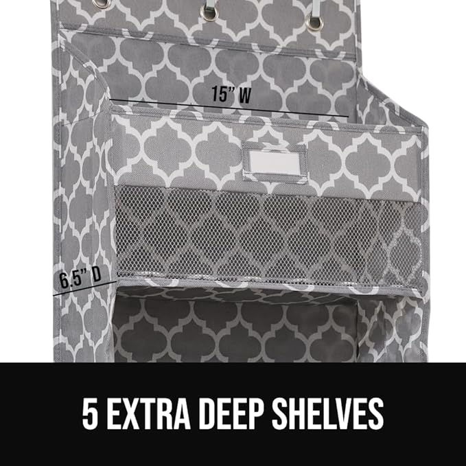 GORILLA GRIP Over The Door Organizer Storage, 5 Deep Hanging Shelves, Holds 50lbs, Closet Organizers Shelf for Bedroom, Bathroom, Nursery, Dorm Essentials, 3 Metal Hooks, 58x15 Inches, Quatrefoil