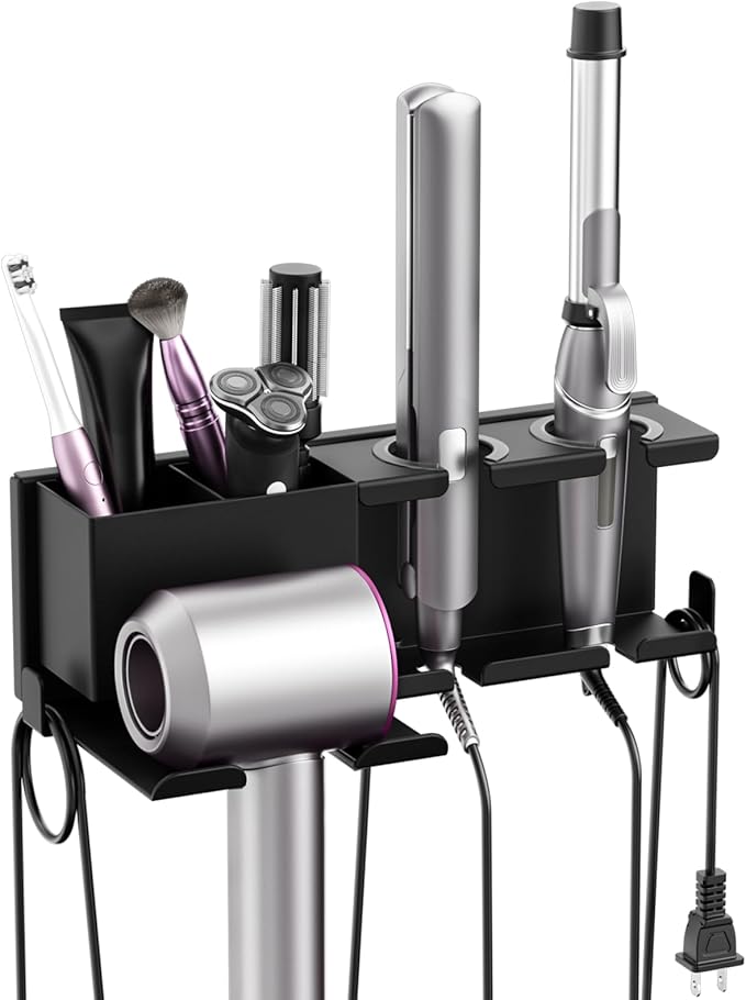 YSD Hair Dryer Holder Wall Mounted, Metal Hair Tools Organizer, Hair Dryer Holder for Blow Dryer, Curling Iron, Straightener, 3 in 1 Bathroom Hair Tool Organizer, Black