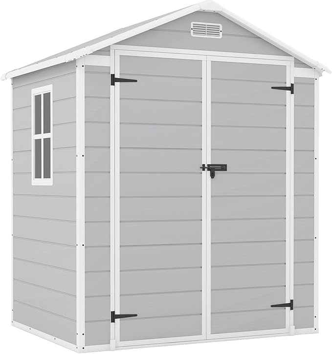Patiowell 6x4 FT Resin Outdoor Storage Shed with Floor, Plastic Storage Shed with Lockable Door, Outside Shed Perfect to Store Patio Furniture, GardenTools Bike Accessories, Lawn Mower, Light Gray
