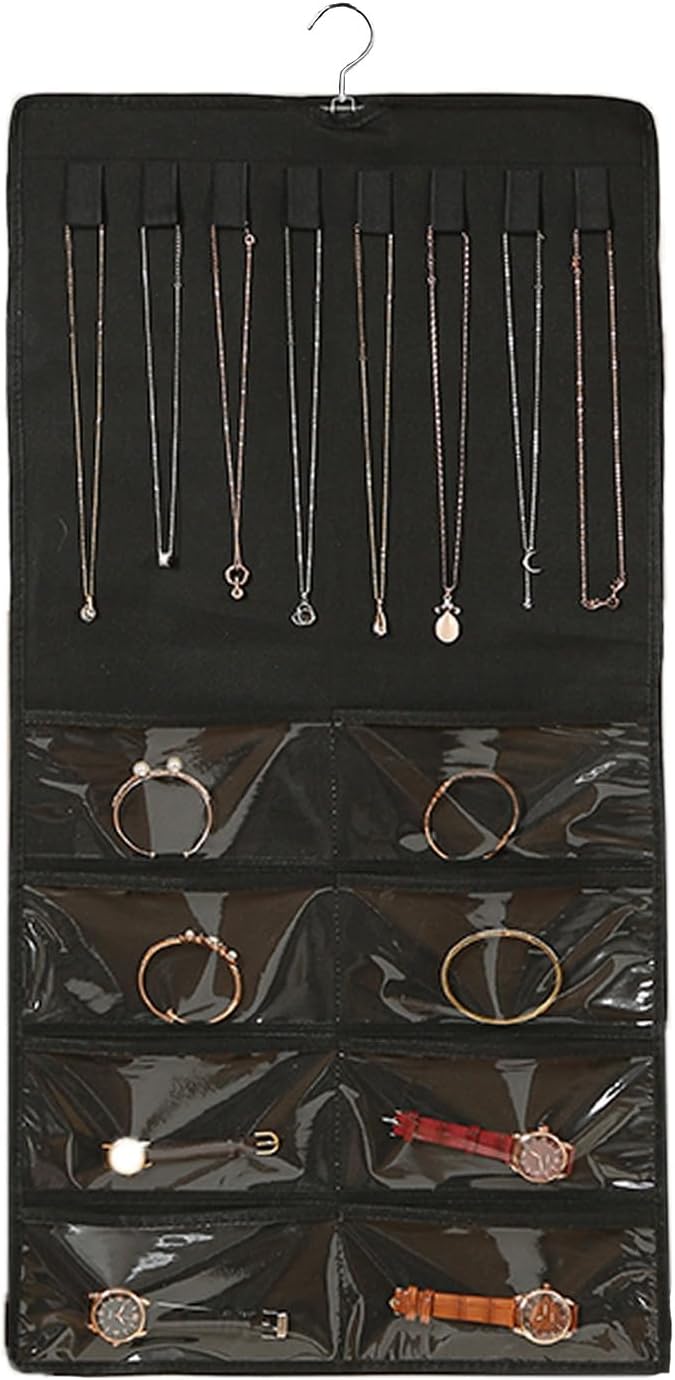 Muka Hanging Jewelry Organizer, Double Sided Foldable 48 Pockets Closet Jewelry Organizer Storage with Hanger, Black