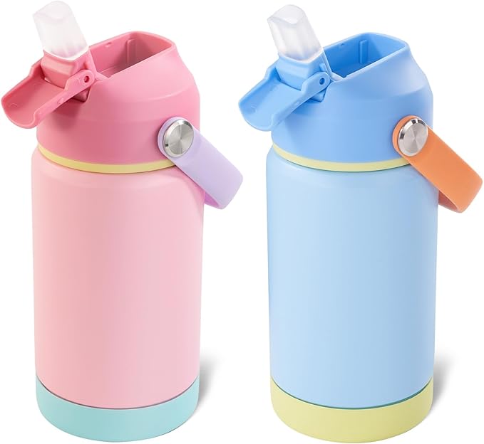 Kerilyn 12oz Kids Water Bottle 2 Pack, Stainless Steel Insulated Water Bottle Bulk, Toddler Cups with Straws Leak-Proof, Kids Water Bottles for School Boys Girls, BPA Free, Sky+Charm Pink 2 Piece Set