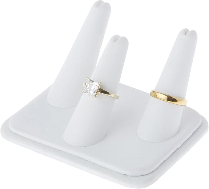 Plymor White Faux Leather Ring Finger Display, Three on Rectangular Base, 4.125" W x 3.25" D x 2.25" H (Pack of 6)
