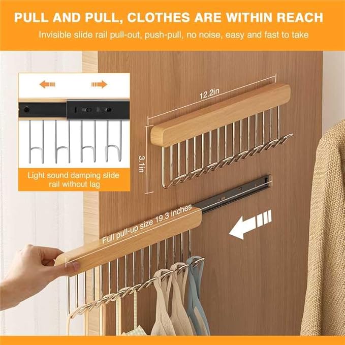2 Pack Pull Out Closet Hanger with 8 Hooks,Valet Rod for Closet Pull Out,Sliding Side Mount Clothes Rack for Ties,Belts, Scarves,Space Saving Organizer,Pants Hooks for Jeans (Right-Pull)