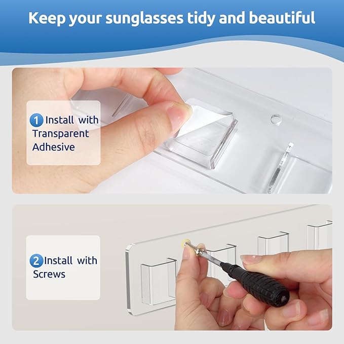 Sunglasses Organizer 2 Pack, Wall Glasses Holder, Acrylic Sunglasses Display, Eyeglass Organizer for Multiple Glasses for Office & Home Decor, Unique Gifts for Husband, Women & Girls, Clear