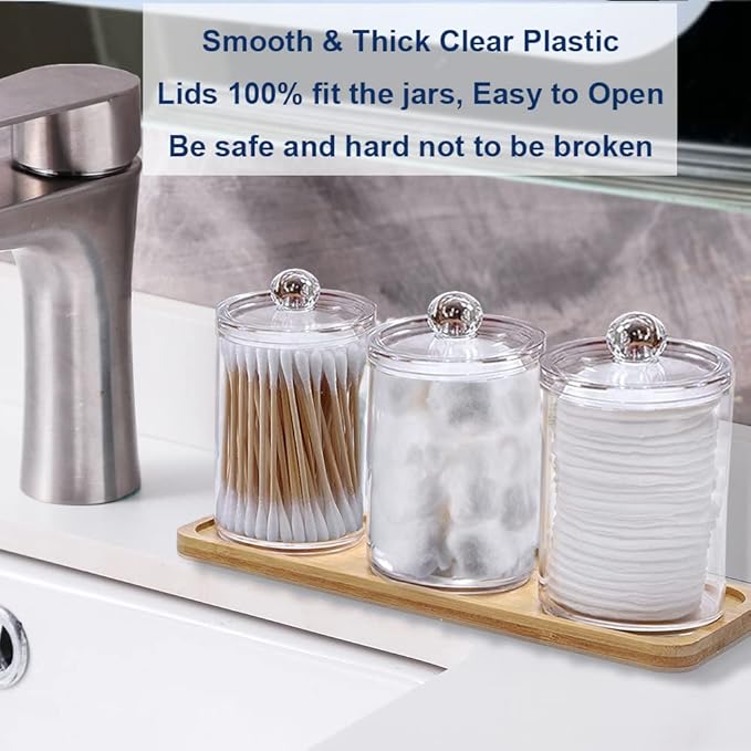 4 Pack Qtip Holder Dispenser for Cotton Ball, Swab, Round Pads, Floss - 10 oz Clear Plastic Apothecary Jar Set for Bathroom Canister Storage Organization, Vanity Makeup Organizer