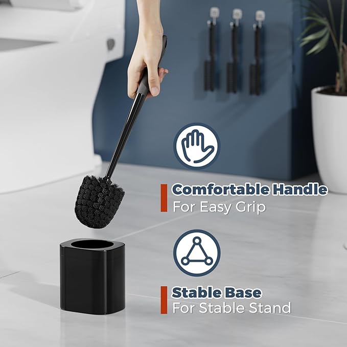 Toilet Brush, 3 Pack Toilet Brush and Holder Set Bathroom Accessories, Toilet Bowl Brush and Holder with 3 Crevice Brush for Bathroom, Toilet Scrubber Brush (Black)