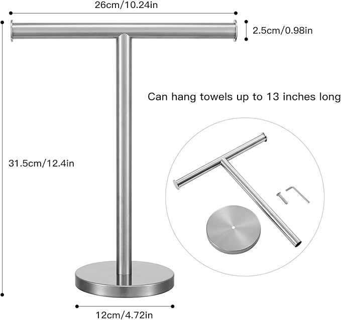 T-Shape Bath Hand Towel Holder Standing, SUS304 Stainless Steel Brushed Nickel T-Shape Towel Bar Rack Stand with Heavy Base, Tower Bar for Bathroom Kitchen & Countertop
