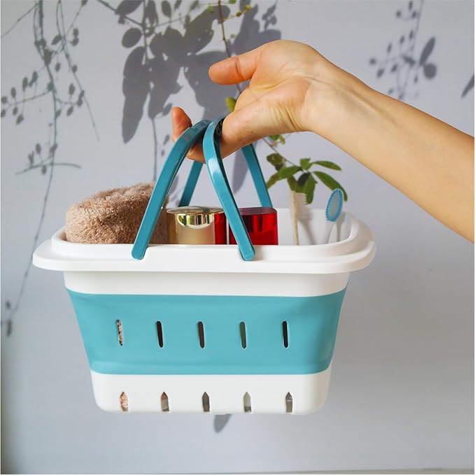 Portable Folding Plastic Bath Caddy with Handle, Perforated, Travel Bathroom Organizer for Bedroom, Bathroom, Shower, Dorm Room, Camping and RV Use (Grey, 2 pack)