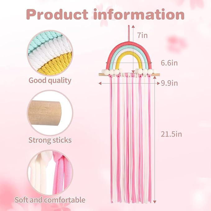 Rainbow Macrame Bow Holder Hanging Hair Bow Organizer for Girls, Hair Clip Holder Hair Clips Headband Storage Hanger Boho Wall Decor