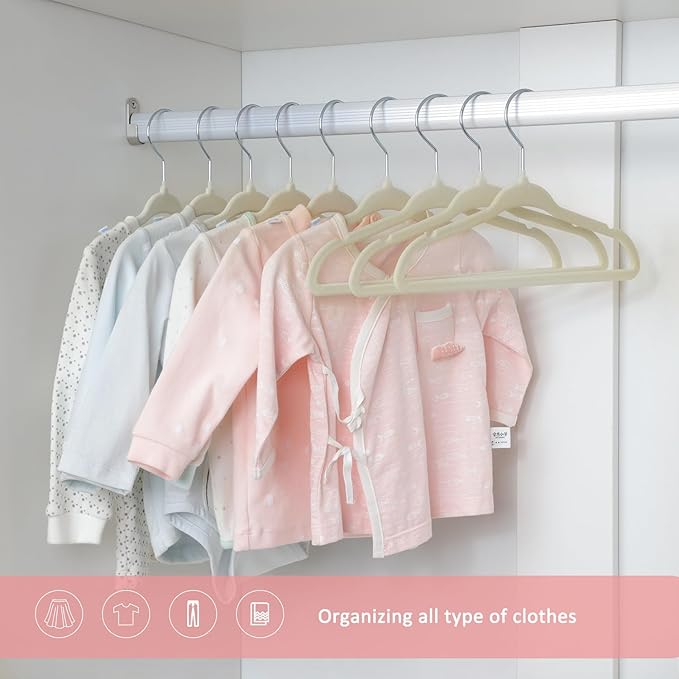 ManGotree 11" Baby Velvet Hangers, Non-Slip Kids Coat Hangers with 360° Swivel Hook, Ultra-Thin Felt Children's Hanger for Infant & Toddler Clothes, 66 Pack (Beige)