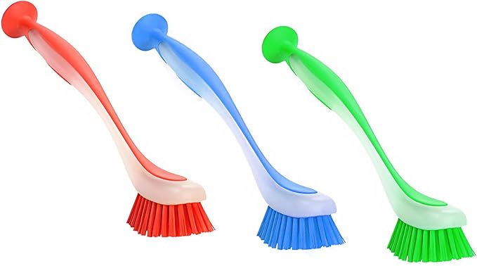Zuvo Plastic Long Handled Scrubbing Suction Cup, Durable Bristles,Dish Washing Brush.Washing Up Kitchen Brush, Assorted Colour, 5 X 21 X 5 cm-Pack of 3