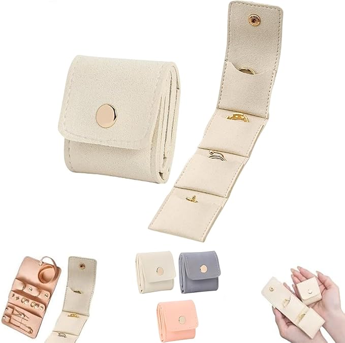 Mini Travel Jewelry Bag, Mini Jewelry Travel Pouch, Small Portable Foldable Multi-compartment Velvet Jewelry Travel Organizer with Buckle for Rings, Necklaces, Earrings, Trinkets(Beige)