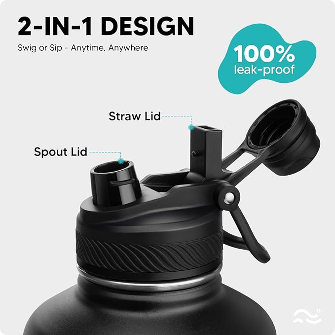 [2-IN-1 LID] 64 oz Insulated Water Bottle with Silicone Boot (48hrs Cold/24hrs Hot) - DIY Stickers, Leakproof, BPA Free, Half Gallon