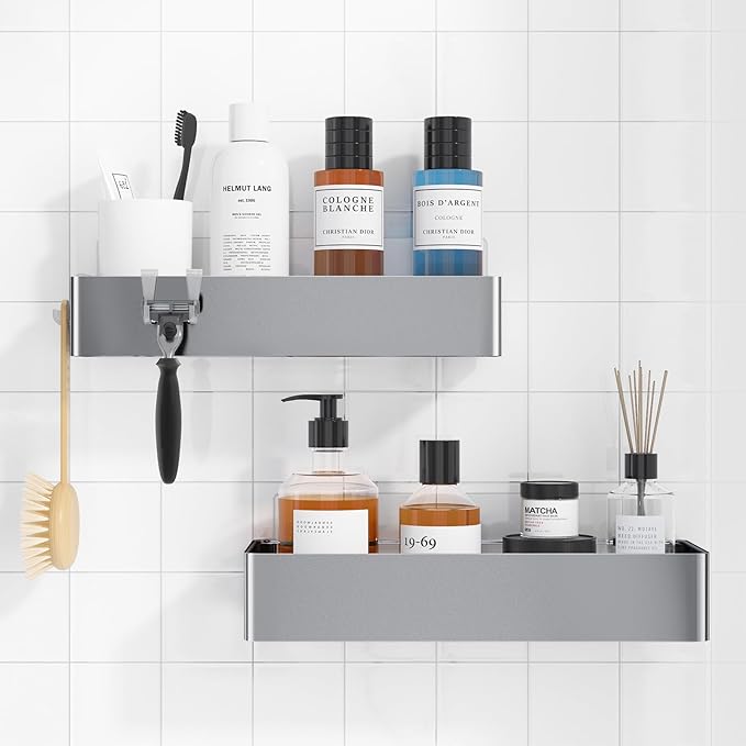 Kitsure Shower Caddy - 2 Pack Adhesive Shower Organizer, Rustproof Metal Shelves, No-Drill Bathroom Organizers and Storage, Silver Grey, Large