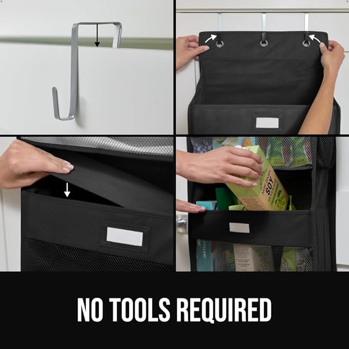 GORILLA GRIP Over The Door Organizer Storage, 5 Deep Hanging Shelves, Holds 50lbs, Closet Organizers Shelf for Bedroom, Bathroom, Nursery, Dorm Essentials, 3 Metal Hooks, 58x15 Inches, Black