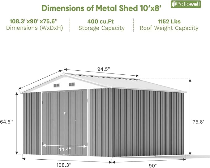 Patiowell 10x8 FT Storage Shed, Outdoor Metal Sheds with Lockable Door and Sloping Roof, Waterproof Outside Large Garden Tool Shed with Breathable Vents for Patio Lawn Backyard, Gray