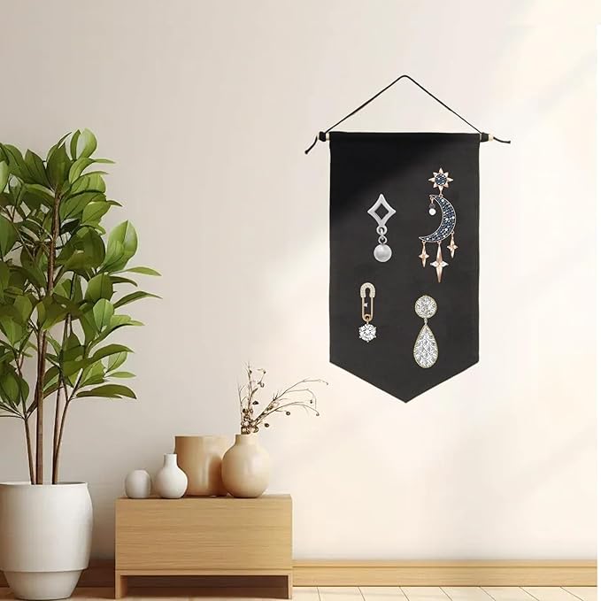 3 PCS Canvas Banner Blank with Wooden Dowel, Canvas Banners Wall Hanging Brooch Jewelry Badges Display, Enamel Pin Holder Display for Buttons Earrings (Black, Small)