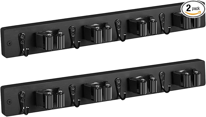 2 Pack Black Mop Broom Holder Wall Mount - Wood Broom Mop Hanger - Wall Mounted Garden Tool Rack Organizer for Closet Garage Laundry Room, 4 Slots & 4 Hooks