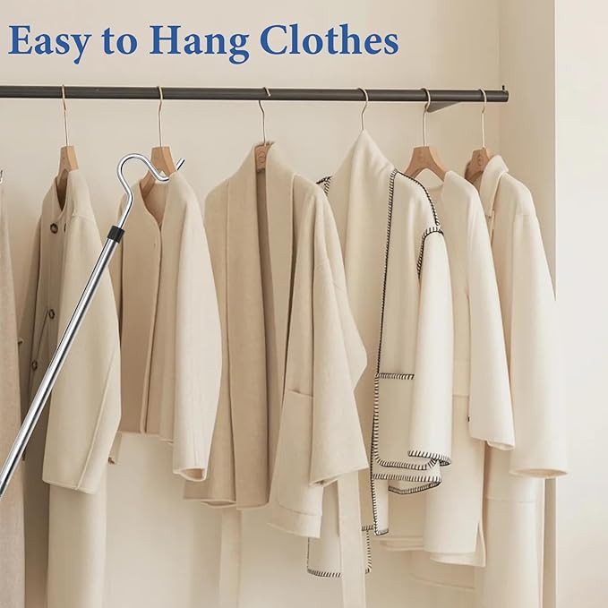 Clothes Hook Pole, Clothes Hanger Reaching Hook for Hanging Clothes Light and Plants Extendable from 35" to 50" Made of Stainless Steel Tube with Sponge Handle (50inch)