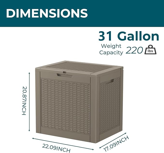 31 Gallon Waterproof Resin Deck Box, UV Resistant Outdoor Storage for Garden, Patio, Porch, Delivery（Grey，31 Gallon）