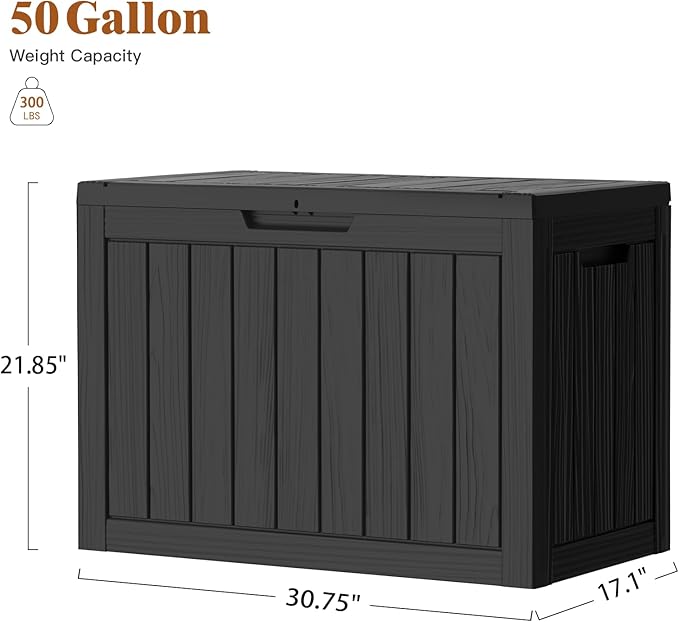 Outdoor Storage Deck Box, 50 Gallon Outside Storage Box Waterproof Deck Box, Lockable Patio Storage Box UV-Resistant for Garden Furniture, Black