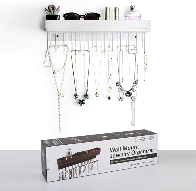 J JACKCUBE DESIGN Necklace Holder Wall Mounted Jewelry Organizer for Bracelet, Earrings and Rings with 25 Hooks - Aesthetic Room Decor Bedroom Shelf Rack (White) - MK124C