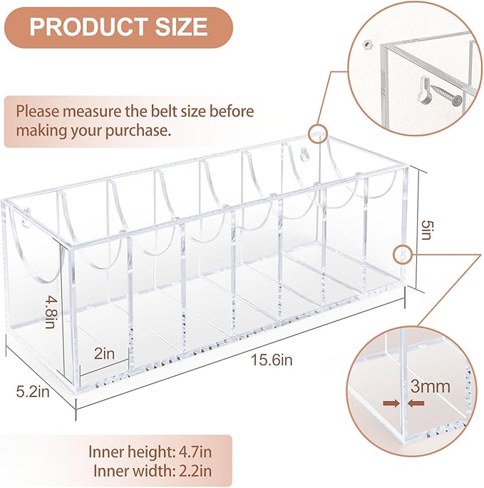 Belt Organizer, Acrylic Belt Storage Organizer for Closet with Dust Cover and Drawer,7 Compartments Transparent Display Case for Belts