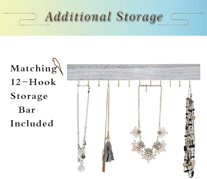 GLANT Rustic Wall Mounted Jewelry Organizer with Wooden Barndoor Decor,Wooden Wall Mount Holder,Jewelry holder for Necklaces, Earings, Bracelets, Ring Holder. (White)