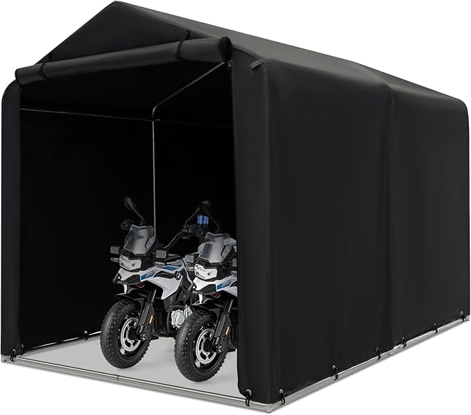 Goplus Portable Storage Shed, 7 x 5.2 x 5.4 Ft Heavy Duty Motorcycle Shed w/Roll-Up Zipper Door, Metal Frame, Waterproof Cover & Wind Rope, Outdoor Storage Tent Shelter for Bike, Garden Tools