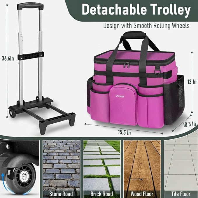 Ytonet Cleaning Caddy with Wheels, Large Rolling Caddy Bag with Detachable Trolley for Housekeepers, Water Resistant Cleaning Cart Supplies Organizer for Home, Car, Tool Organizer, Mobile Storage