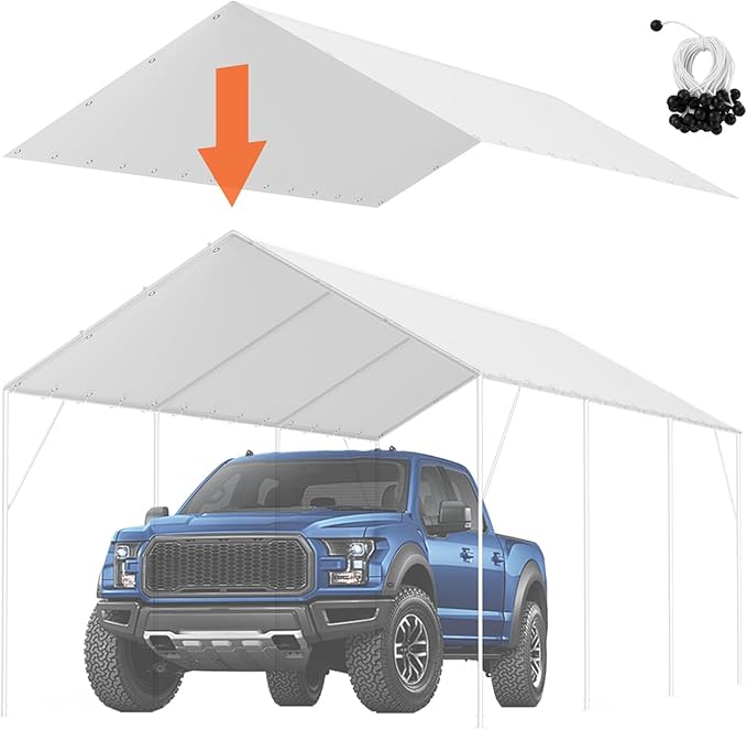 VEVOR 10x20' Canopy Replacement Cover Heavy Duty, Carport Garage Top Tent Shelter Tarp Waterproof & UV Protected, Easy Installation with 40 Free Ball Bungeess(Only Cover, Frame Not Include)