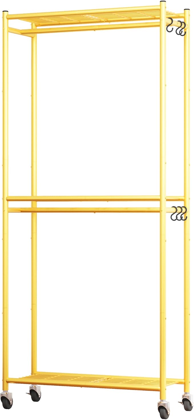 Clothes Rack - 33.0" x 12.2" x 79.5" Clothing Rack with Shelves & Wheels, Multi-Functional Wardrobe Closet with Hooks, Sturdy Metal Garment Rack for Bedroom, Laundry, Balcony (Gold)