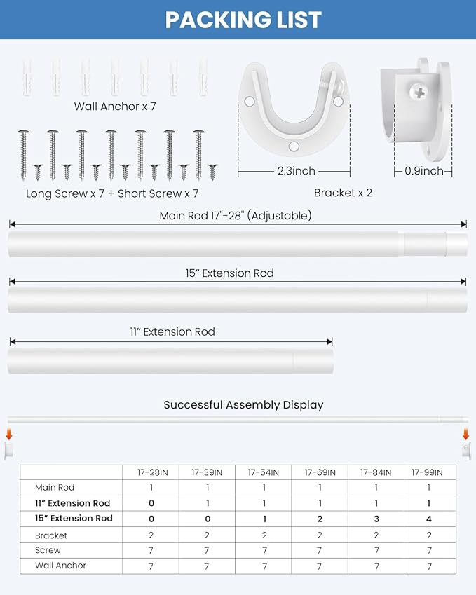 Closet Rods for Hanging Clothes, 17 to 69 Inches Stepless Adjustable Metal Closet Rod, 1.3 Inches Heavy Duty Clothes Hanging Rod for Closet Wardrobes Laundry RV, White