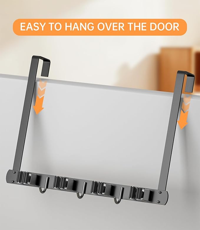 Broom Holder Over The Door - 304 Stainless Steel Mop and Broom Holder Wall Mounted or Hanging Over The Door with Hooks - Broom Hanger, Broom Storage Tool Organizer for Garage Closet Laundry