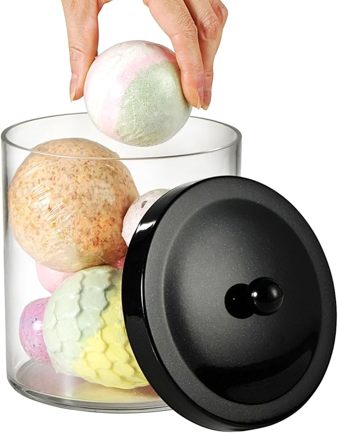 SheeChung 50oz Large Plastic Apothecary Jar with Black Stainless Steel Lid - Shatterproof Laundry Pods Container - Modern Industrial Bathroom & Kitchen Storage Organizer for Scent Beads, Bath Bombs