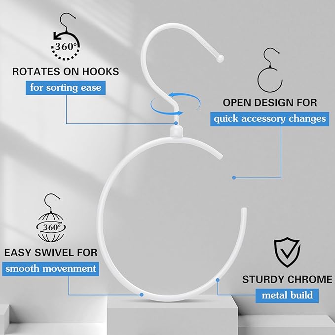 4 Pack Belt Hangers for Closet Rotatable Belt Ring Hook Tie Rack Holders Closet Hanger Organizer for Ties Scarves Baseball Cap Wardrobe Accessory Storage(White)