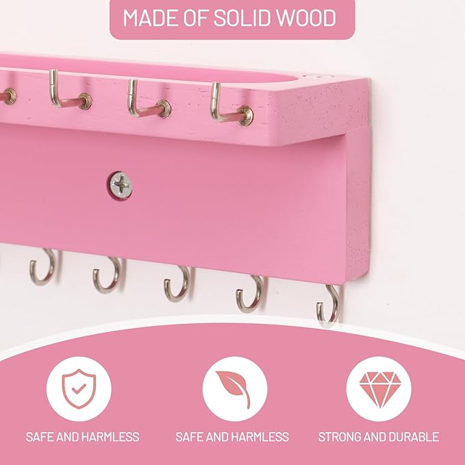 Necklace Holder Organizer Wall Mount,Jewelry Holder Organizer with 30 Hooks,Oak Jewelry Organizer and Storage for Necklaces,Bracelets and Rings (Pink)
