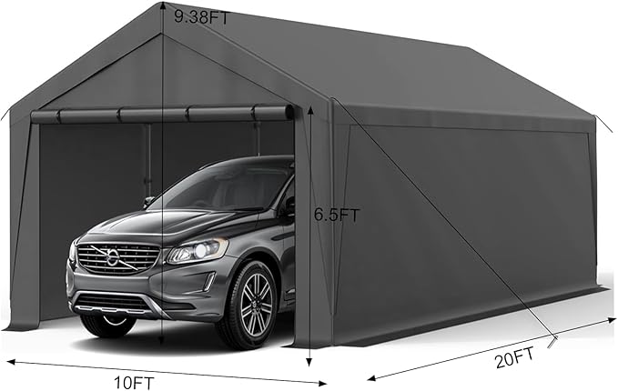10x20 Carport, Heavy Duty Carports with Removable Sidewalls, Waterproof and UV-Resistant, Portable Outdoor Garage Shelter for Cars, Vehicles, and Boats (Grey)
