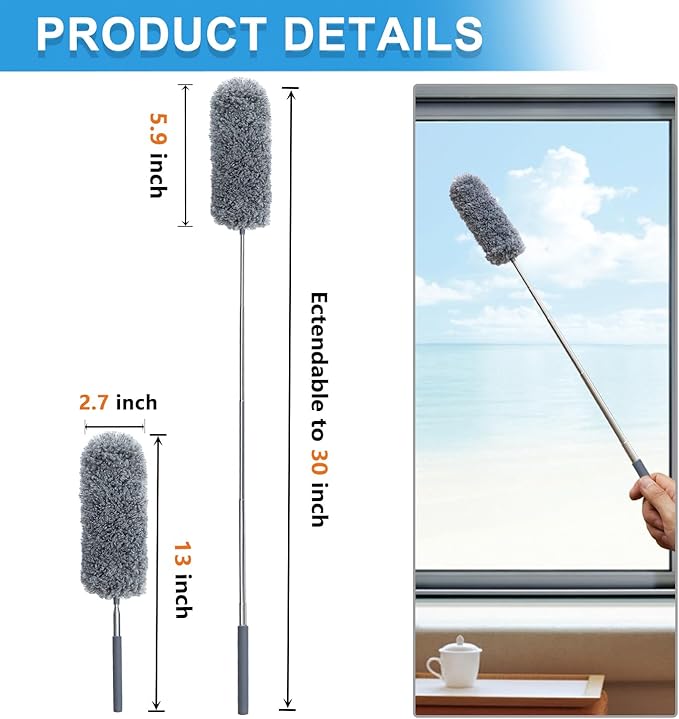 4 Pack Small Washable Microfiber Feather Duster, 13" to 30" Extendable Pole, Microfiber Head, Cleaning Tool for Office, Car, Computer, Furniture, Sofa (Orange/Blue/Green/Gray)