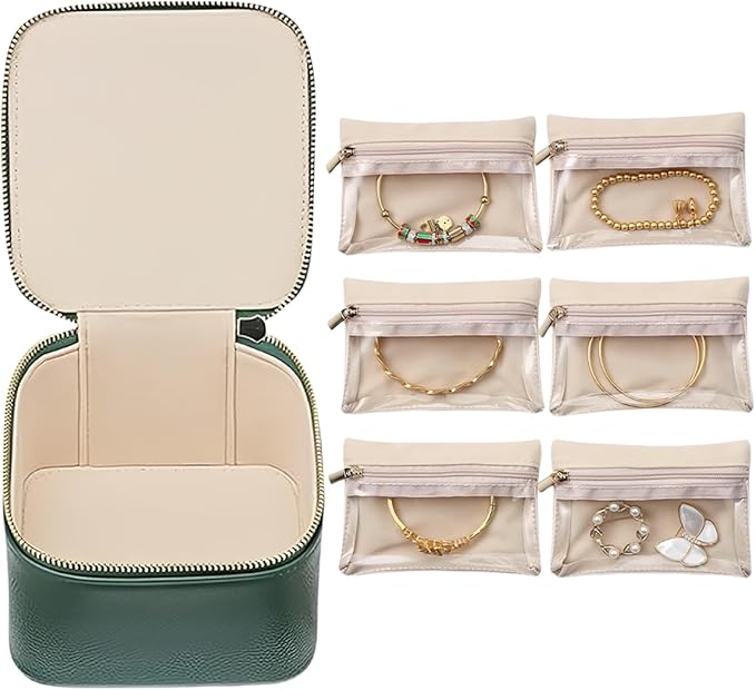 Leather Jewelry Boxes for Travel, leather jewelry travel case, small jewelry pouchs zipper for women, travel jewelry bag organizer (Green)