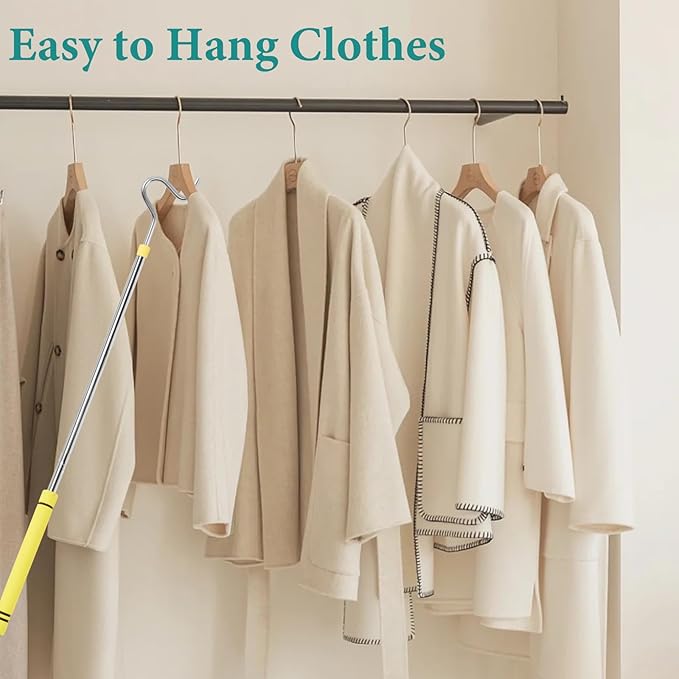 Clothes Hook Pole, Clothes Hanger Reaching Hook for Hanging Clothes Light and Plants Extendable from 35" to 50" Made of Stainless Steel Tube with Sponge Handle (51inch)