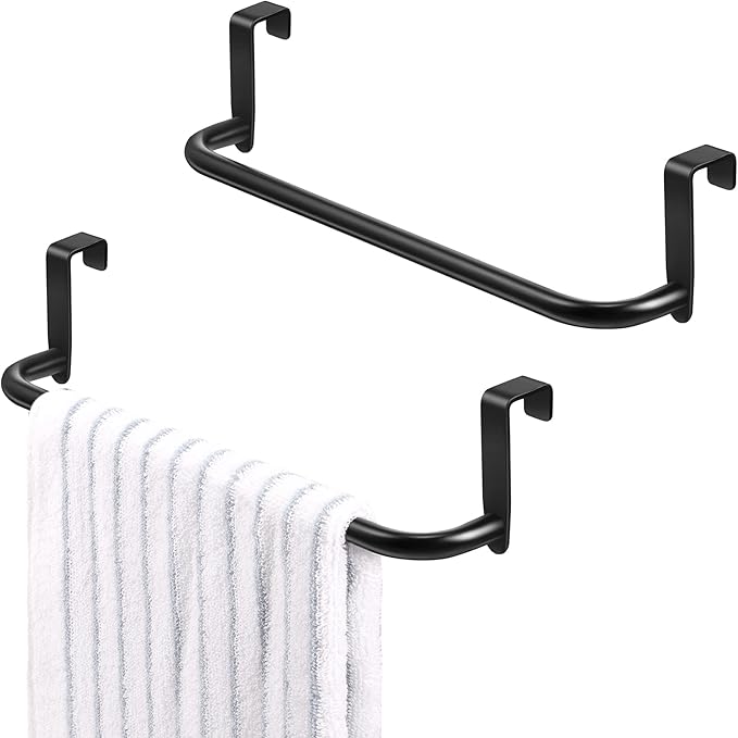 2 Pieces Metal Towel Bar Kitchen Cabinet Steel Towel Rack Bar for Hanging on Inside or Outside of Doors, Home Kitchen Bathroom(Black)