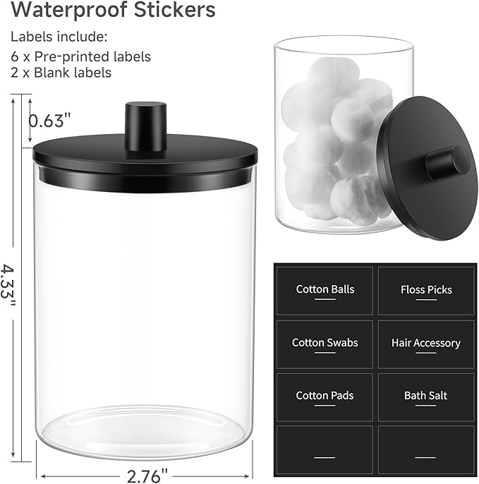 TIPGO Glass Qtip Holder Dispenser - 10 oz Clear Canister Apothecary Jar, Bathroom Vanity Storage Organizer Set for Cotton Swabs, Pads, Floss Picks, Small Containers for Makeup Storage (2 Pack, Black)