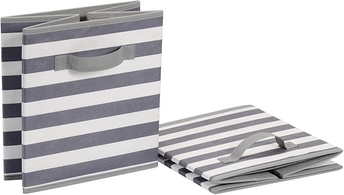 Amazon Basics Cube Organizer Storage Bins Handles,Collapsible Fabric,,10.5"x10.5"x11",White/ Light Grey Stripe,6 Count (Pack of 5)